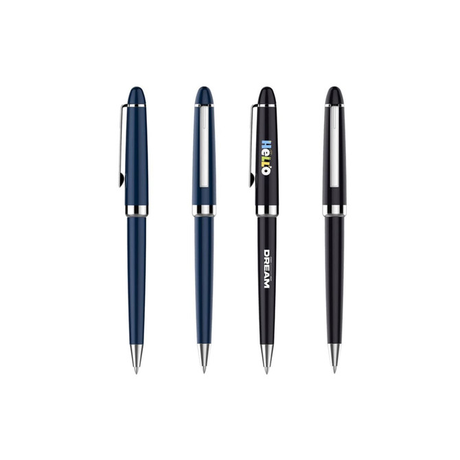 A set of four plastic pens in navy blue and black, featuring shiny metallic accents and varied designs.
