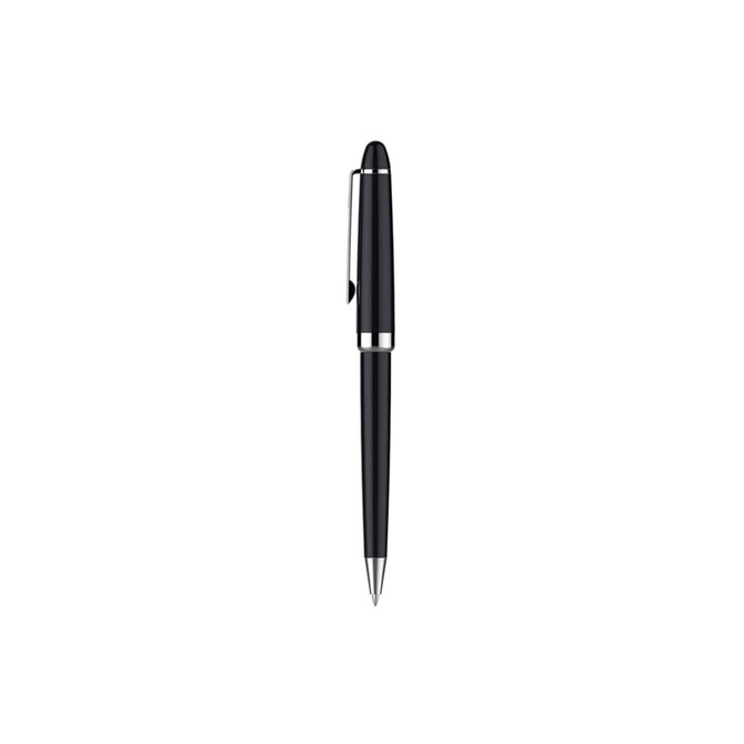 A sleek black metal pen featuring a silver clip and accents, with a logo on the body.