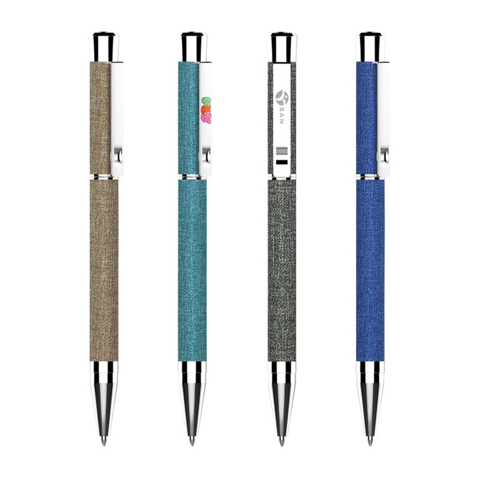 Four metal pens in various colours: brown, teal, grey, and blue, featuring a sleek design and branded logos.