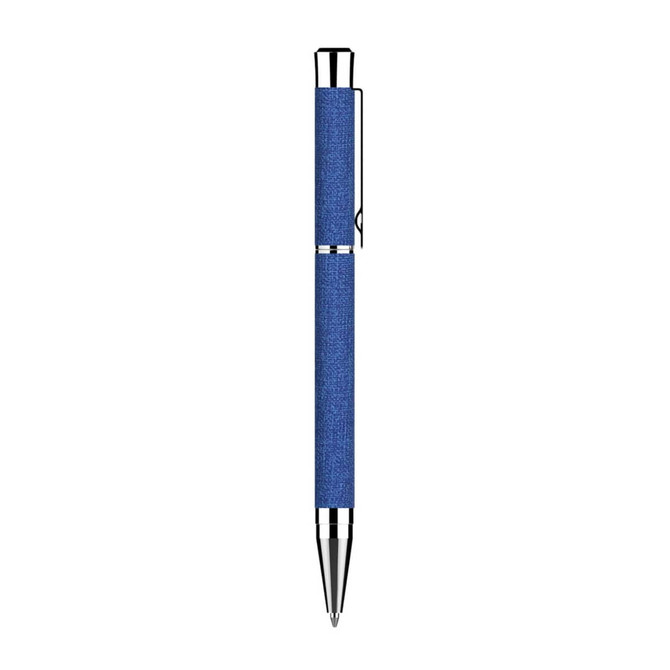 A metallic blue pen with a textured grip and silver accents, featuring a clip and a branding logo.