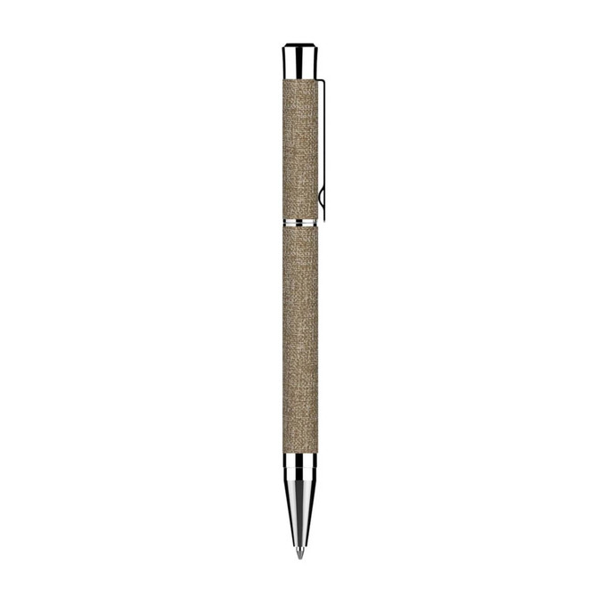 A metallic pen with a textured gold and silver finish, featuring a chrome clip and tip. Includes branding.