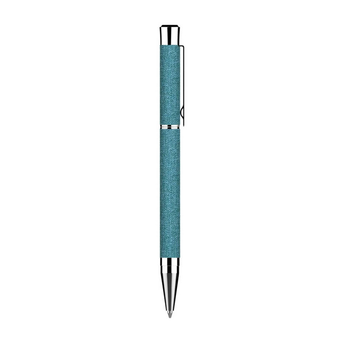 A metal pen with a turquoise textured grip and chrome details, featuring a clip and a logo.