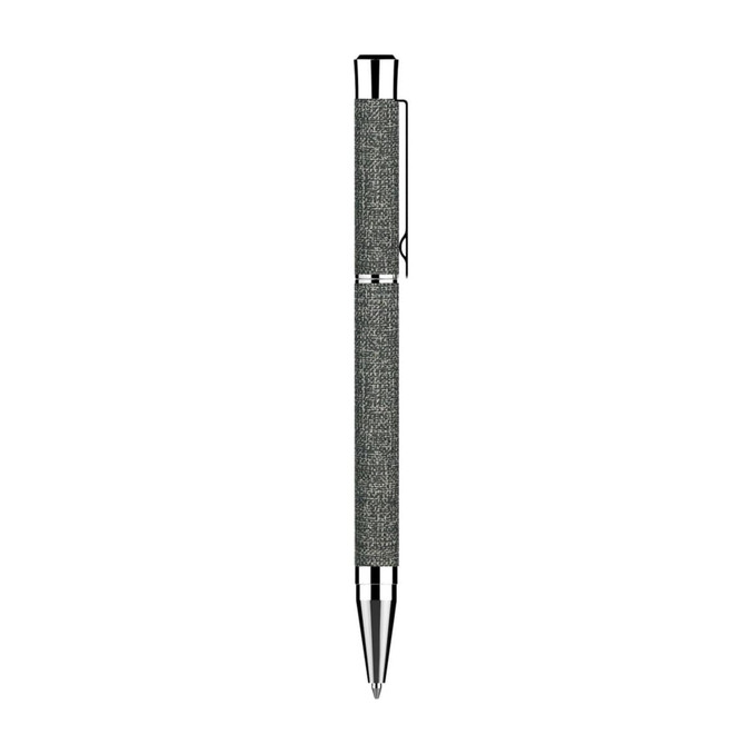 A metallic grey pen with a textured grip and a sleek chrome finish, featuring a logo on the barrel.