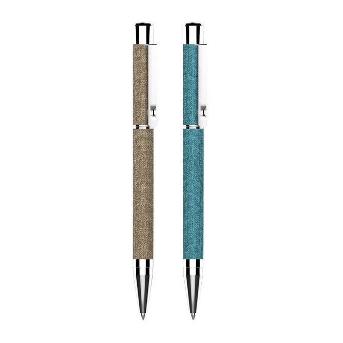 Two metallic spark pens featuring a textured fabric grip in beige and teal, with chrome accents and clip.