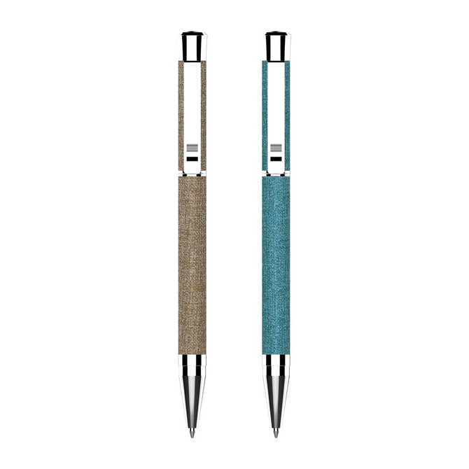 Two metallic spark pens in brown and teal, featuring sleek designs and chrome accents. Each pen has a branding logo.
