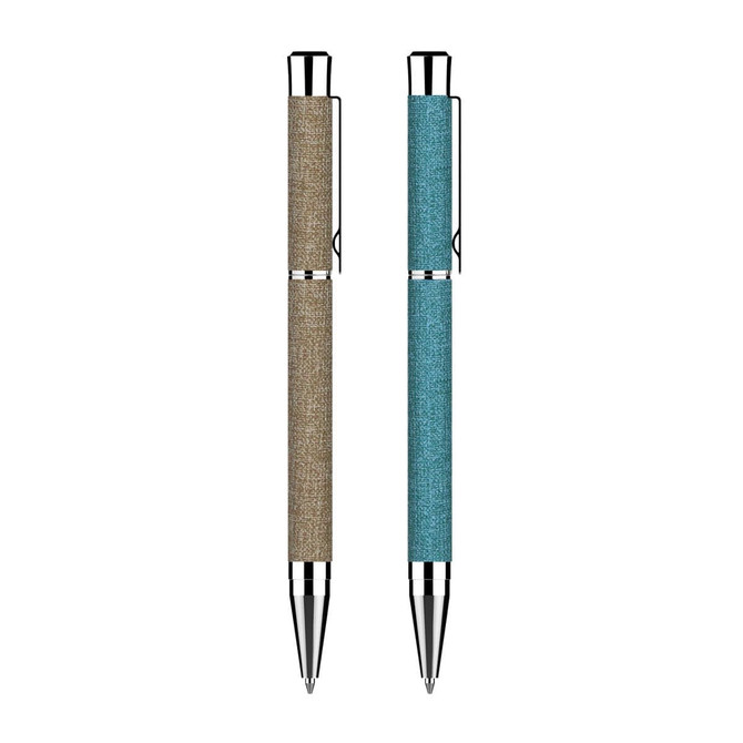 A pair of metallic spark pens in beige and blue, featuring a sleek design and chrome detailing, with a logo.
