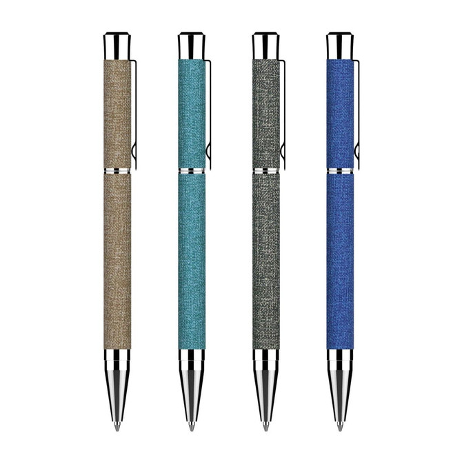 A set of four metal pens featuring textured grips in beige, teal, grey, and blue, each with a shiny silver clip.