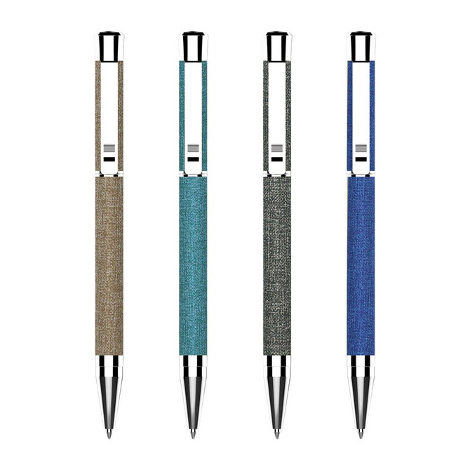 A selection of four metallic spark pens in brown, teal, grey, and blue, each with a shiny silver clip and tip.