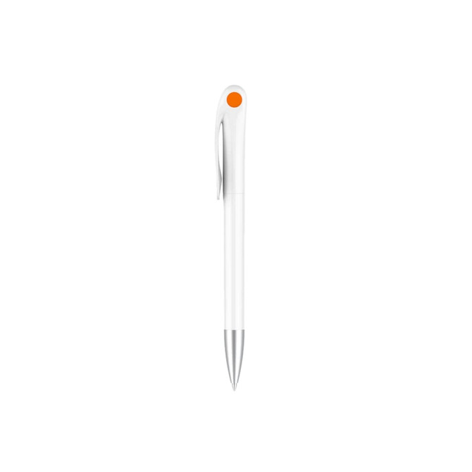 A creamy white pen with a silver tip and an orange accent, featuring a clip and logo.