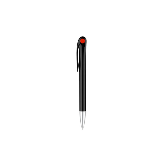 A black barrel pen with a clip and a red dot on the top, featuring a silver tip. It has a logo on the barrel.