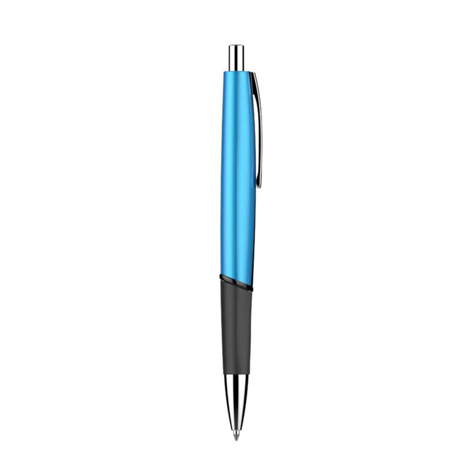 A plastic pen featuring a shiny blue barrel and a black grip, with a silver clip and tip. Contains a logo.