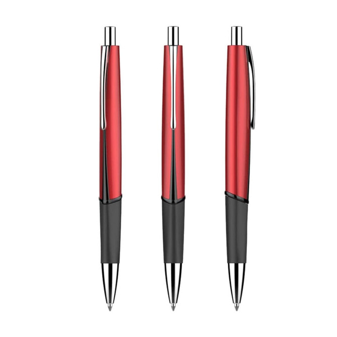 Three red plastic pens with black grips and silver accents, featuring a logo on each pen.