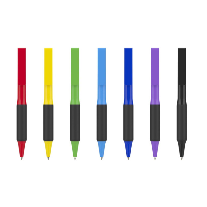A selection of plastic pens in red, yellow, green, light blue, blue, purple, and black with soft grip barrels.