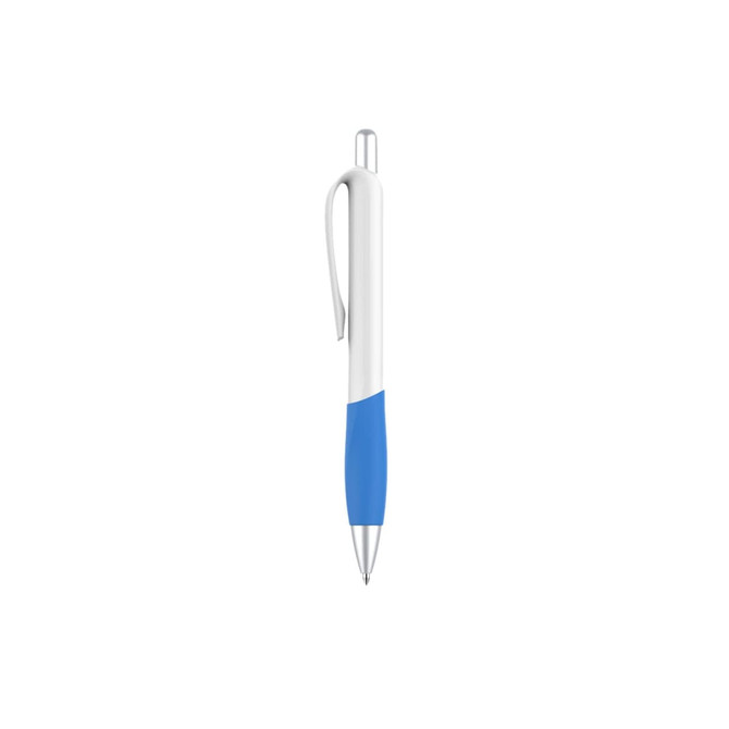 A plastic pen with a creamy white barrel and a blue grip, featuring a clip and a silver tip.