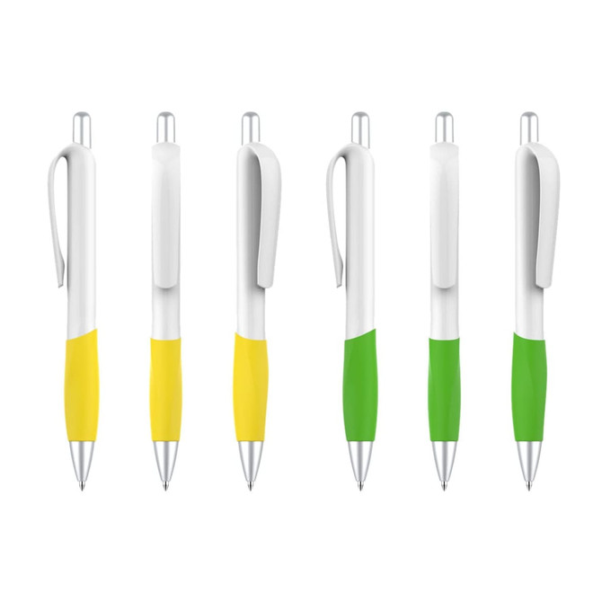 Six plastic pens with creamy white barrels and yellow and green grips, featuring a silver clip and tip.