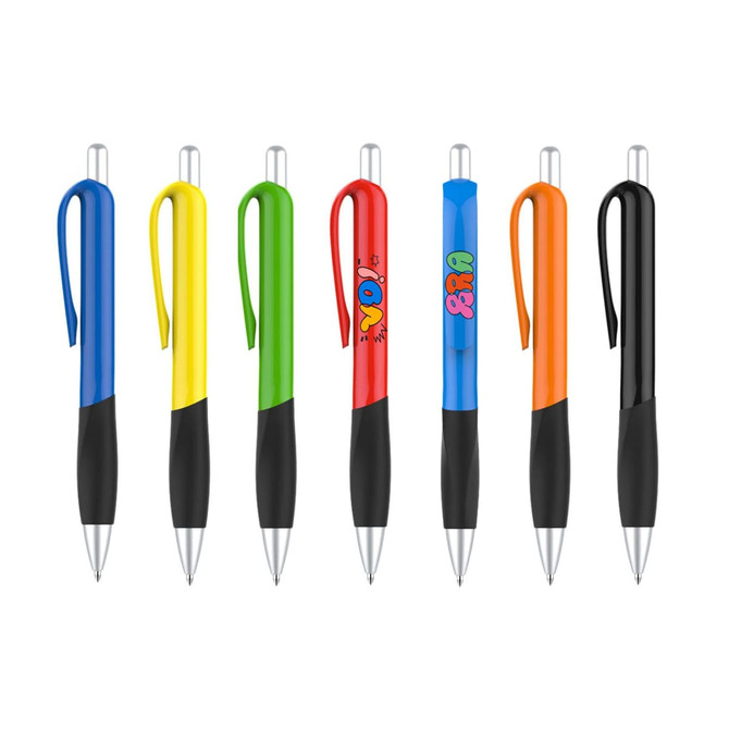 A set of plastic pens in blue, yellow, green, red, orange, and black with colour barrels and black grips. Each pen features a logo.