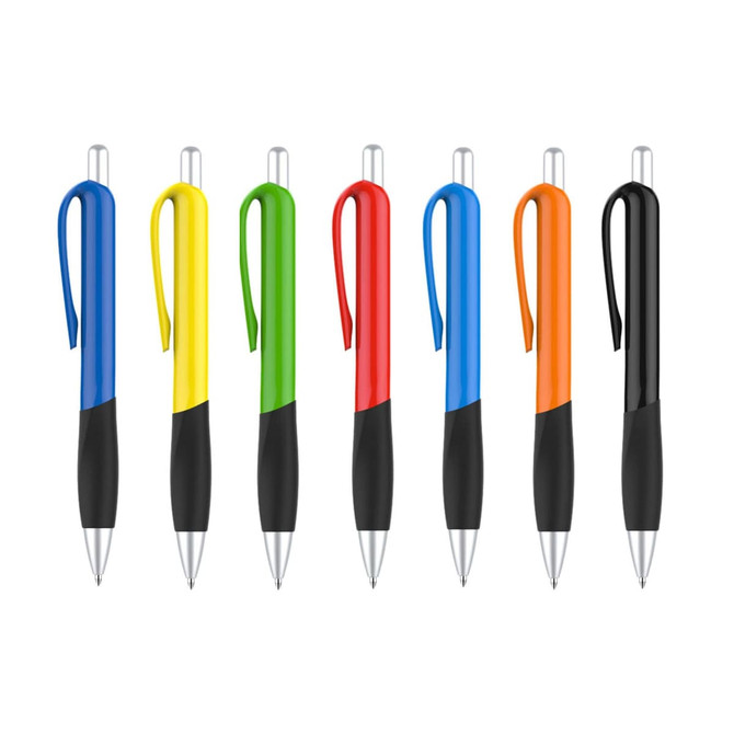 A selection of plastic pens with colour barrels in blue, yellow, green, red, black, and orange, featuring black grips.