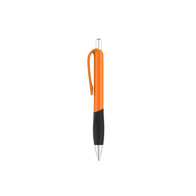 A plastic pen with a bright orange barrel and black grip, featuring a silver accent and a branded logo.