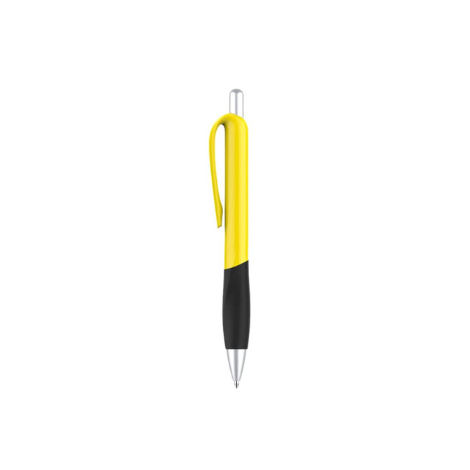 A plastic pen with a yellow barrel and black grip, featuring a silver clip and tip, with a logo present.