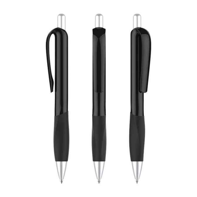 Three black plastic pens with a glossy barrel and silver accents, featuring a clip and a rubber grip.