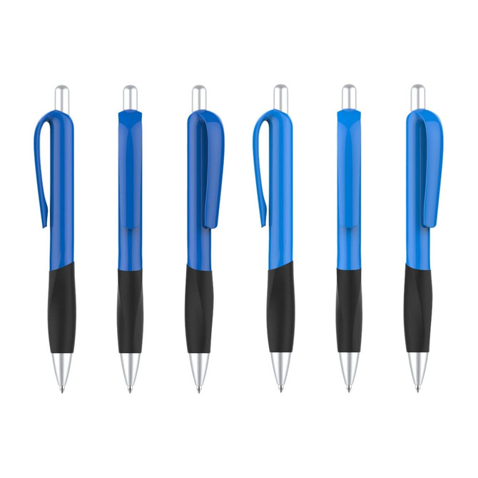 A collection of blue plastic pens with black grips, featuring a clip and a shiny silver tip, arranged in a row.