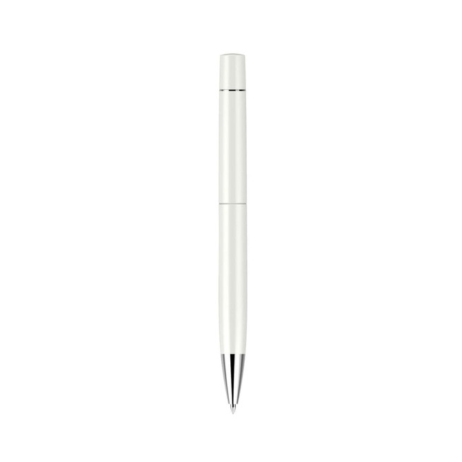 A sleek white pen with a silver tip and a logo on the body, featuring a spray finish.
