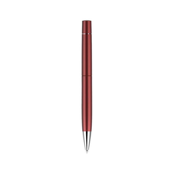 A red pen with a sleek design and a silver tip, featuring a branding logo.