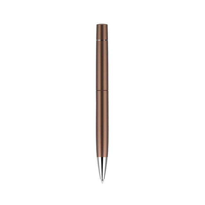 A bronze pen with a sleek design and a silver clip, featuring a logo on its surface.