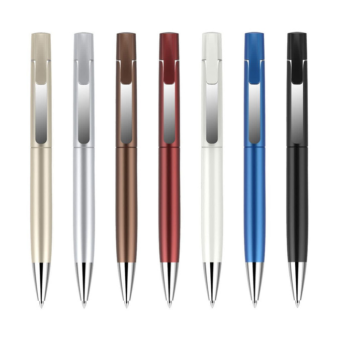 A collection of pens in silver, bronze, red, white, blue, and black, featuring a shiny spray finish and a logo.