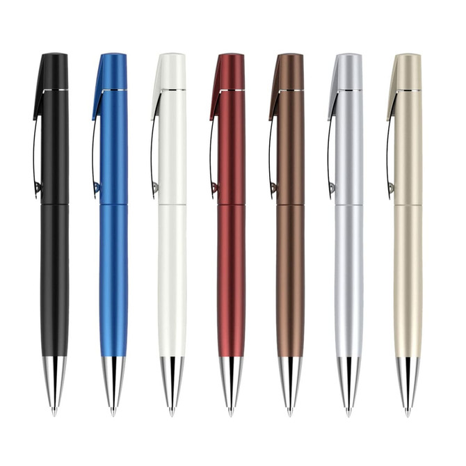 A collection of eight Lucky Pens featuring various sprayed finishes in black, blue, white, red, brown, silver, and gold colours.