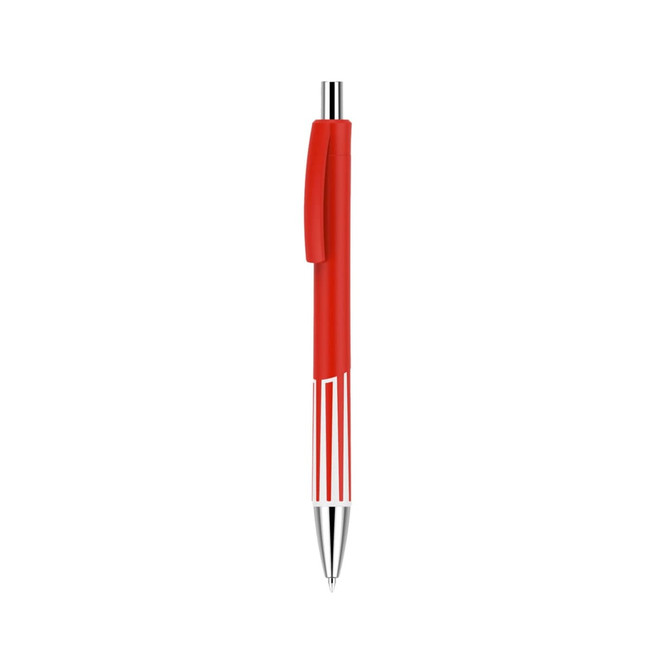 A plastic pen with a red barrel and chrome accents, featuring a clip and a pointed tip. It includes a logo.