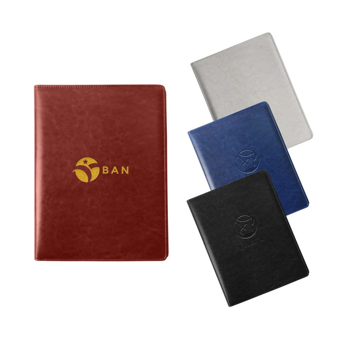 A4 Business Compendium in four colours: red, silver, blue, and black, featuring a embossed logo on the cover.