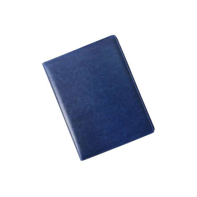 A4 business compendium in dark blue leather, featuring a logo or branding.