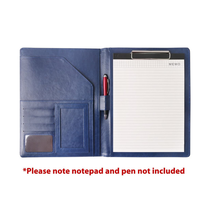 A4 Business Compendium in navy blue, featuring a clipboard, card slots, and a pocket. Notepad and pen not included.