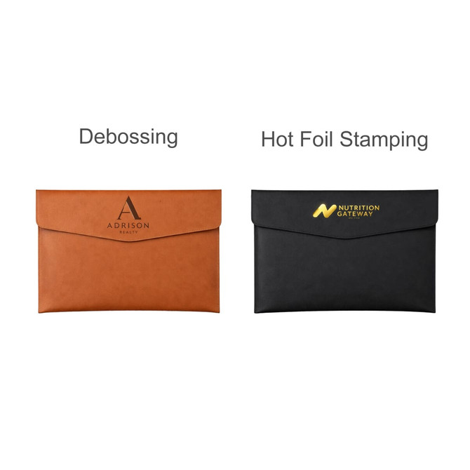 A PU leather A4 file bag in tan with debossing and a black file bag with hot foil stamping, featuring a logo.