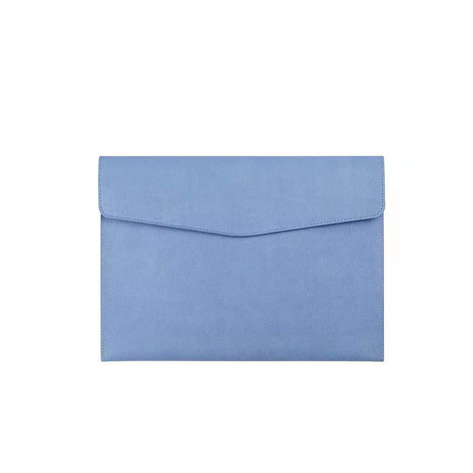 APU leather A4 file bag in light blue, featuring a flap closure and a smooth surface. Contains a logo.