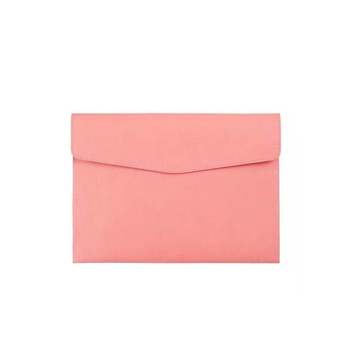 A PU leather A4 file bag in a soft pink shade, featuring a flap closure and a smooth texture, with a branding logo.