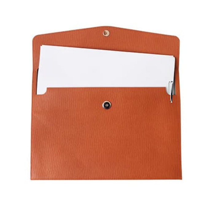 APU leather A4 file bag in brown, featuring a button closure and an interior pocket for documents.