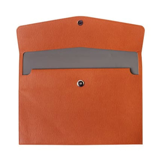 An orange PU leather A4 file bag with a button closure and a grey interior pocket. Features a logo.
