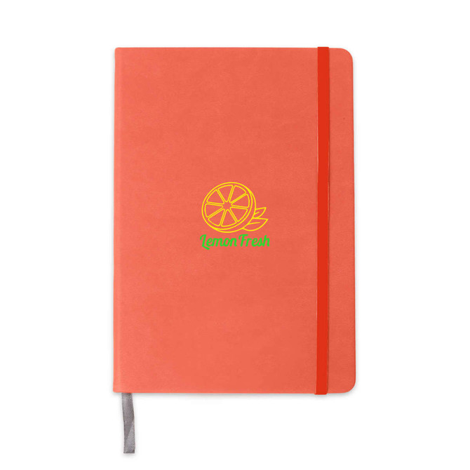 A5 PU cover notebook in coral with an elastic band, featuring a logo design and a ribbon bookmark.