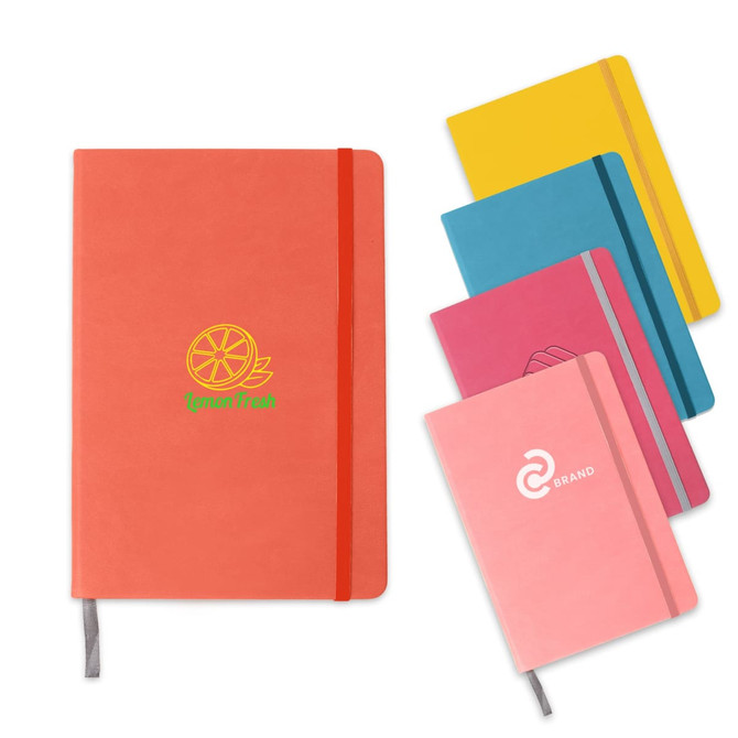 A5 PU cover notebook in coral, pink, yellow, and blue colours, featuring various logos.