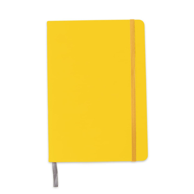 A5 PU cover notebook in vibrant yellow with an elastic band closure and a grey ribbon bookmark.