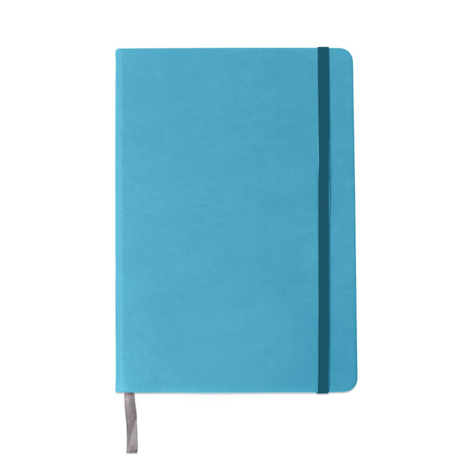 A5 PU cover notebook in a vibrant turquoise colour, featuring an elastic closure and a ribbon bookmark.