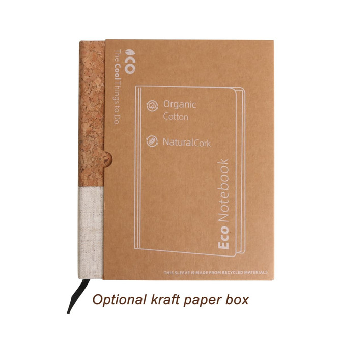 Natural cork and cotton A5 notebook with a kraft sleeve and a ribbon bookmark, featuring a logo.