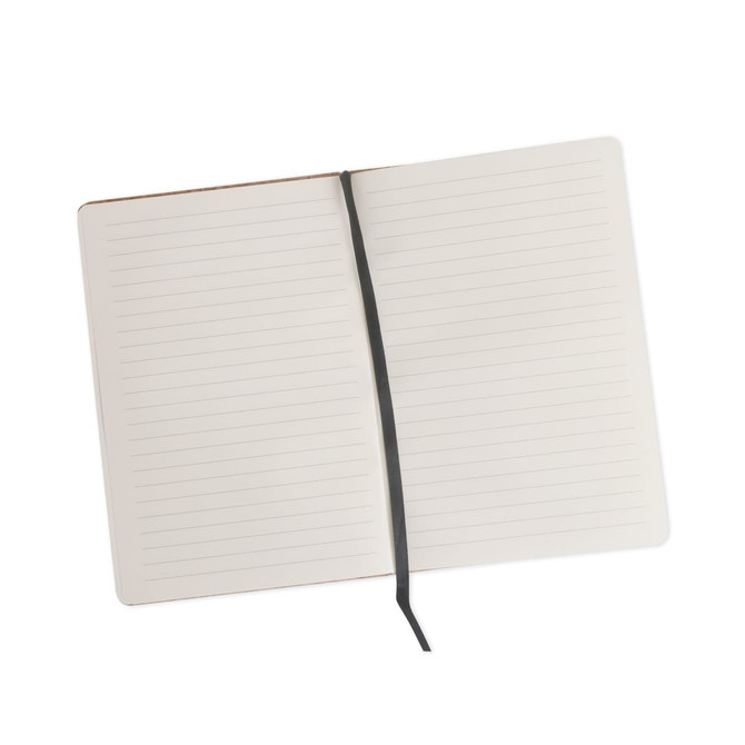 An A5 cork notebook with lined pages, featuring a black ribbon bookmark and a plain cork cover.