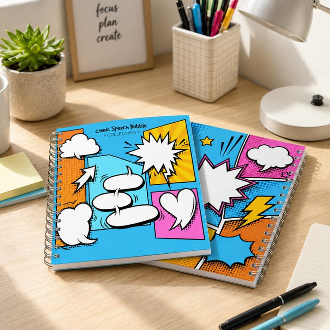 A5 full colour wiro binding notebook with a bright comic-style design featuring speech bubbles in blue, orange, and white.