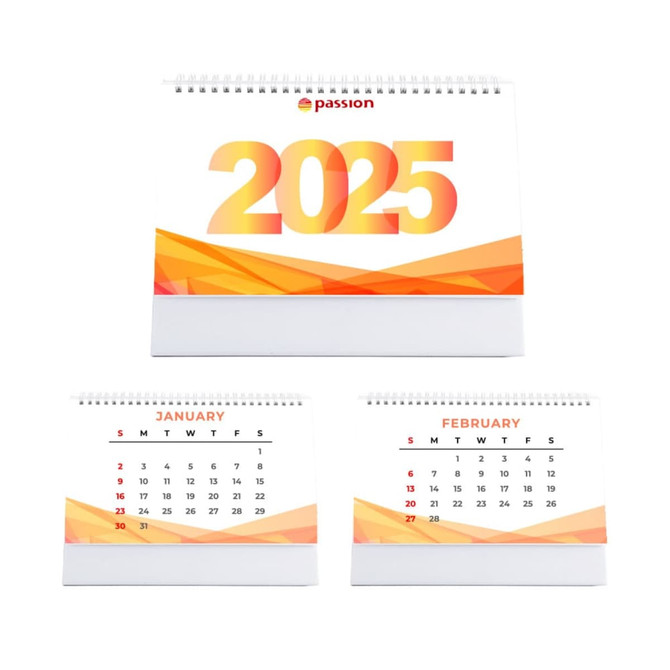 A desk calendar featuring a vibrant orange and yellow design with months displayed for January and February 2025.