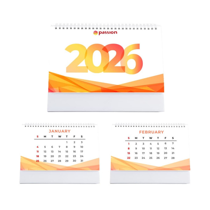 A desk calendar featuring a vibrant orange and yellow design, displaying months and dates for 2026. It has a logo.