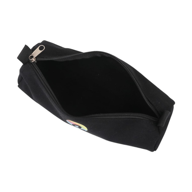 A black canvas pencil case featuring a zipper and an interior compartment, with a logo on the exterior.