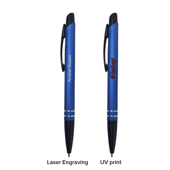 A blue metal ballpoint pen with a clip, featuring a logo and engravings on its body.